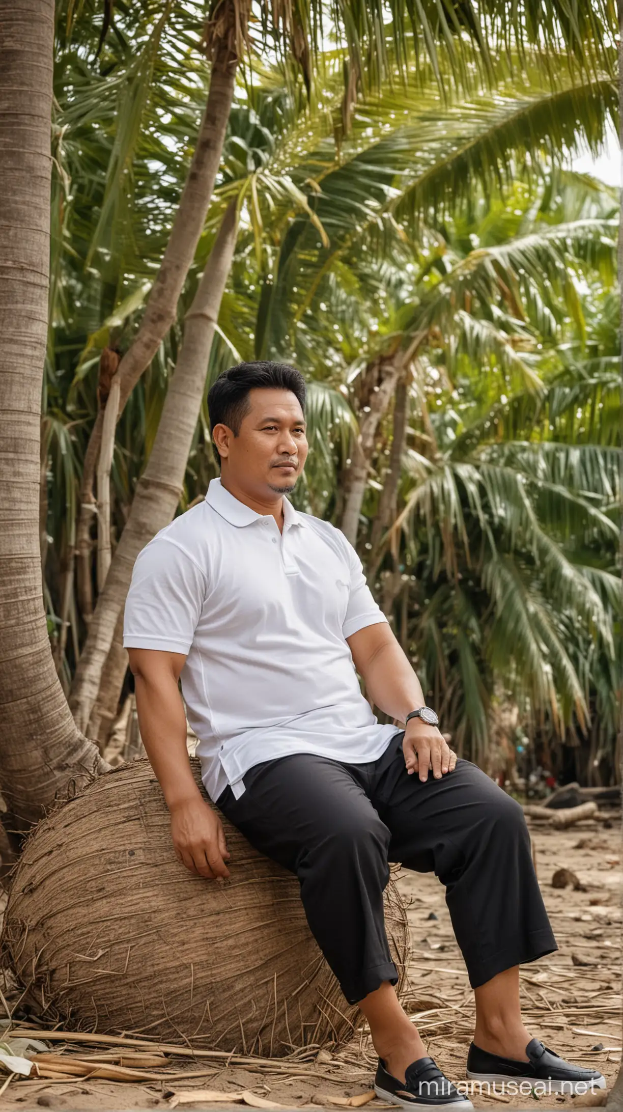 Foto realistis,pria indonesia usia 50 tahun,badan gemuk,rambut pendek,hitam rapi belah tepi,memakai baju polo putih,celana hitam,sedang duduk santai di bawah pohon kelapa
