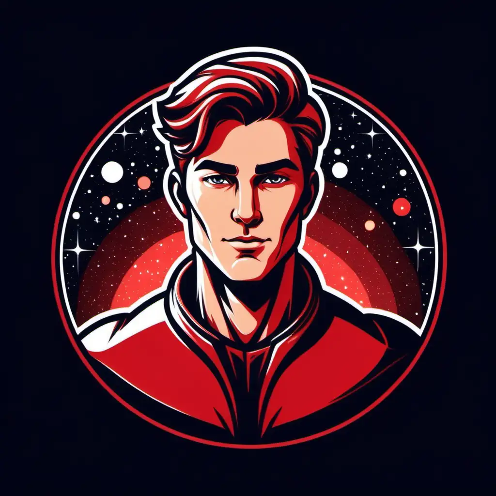 Make a confident but kind fictional male character with space/universe in the back ground. Logo style. Use the color red. NO WORDS