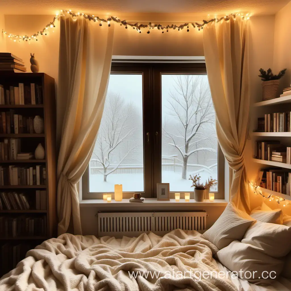 Эстетичная и очень уютная комната, за окном снегопад, красивые бежевые шторы, на кровати пушистый бежевый плед, полка с книгами, вокруг висит красивая гирлянда, мягкий жёлтый свет, максимально уютно