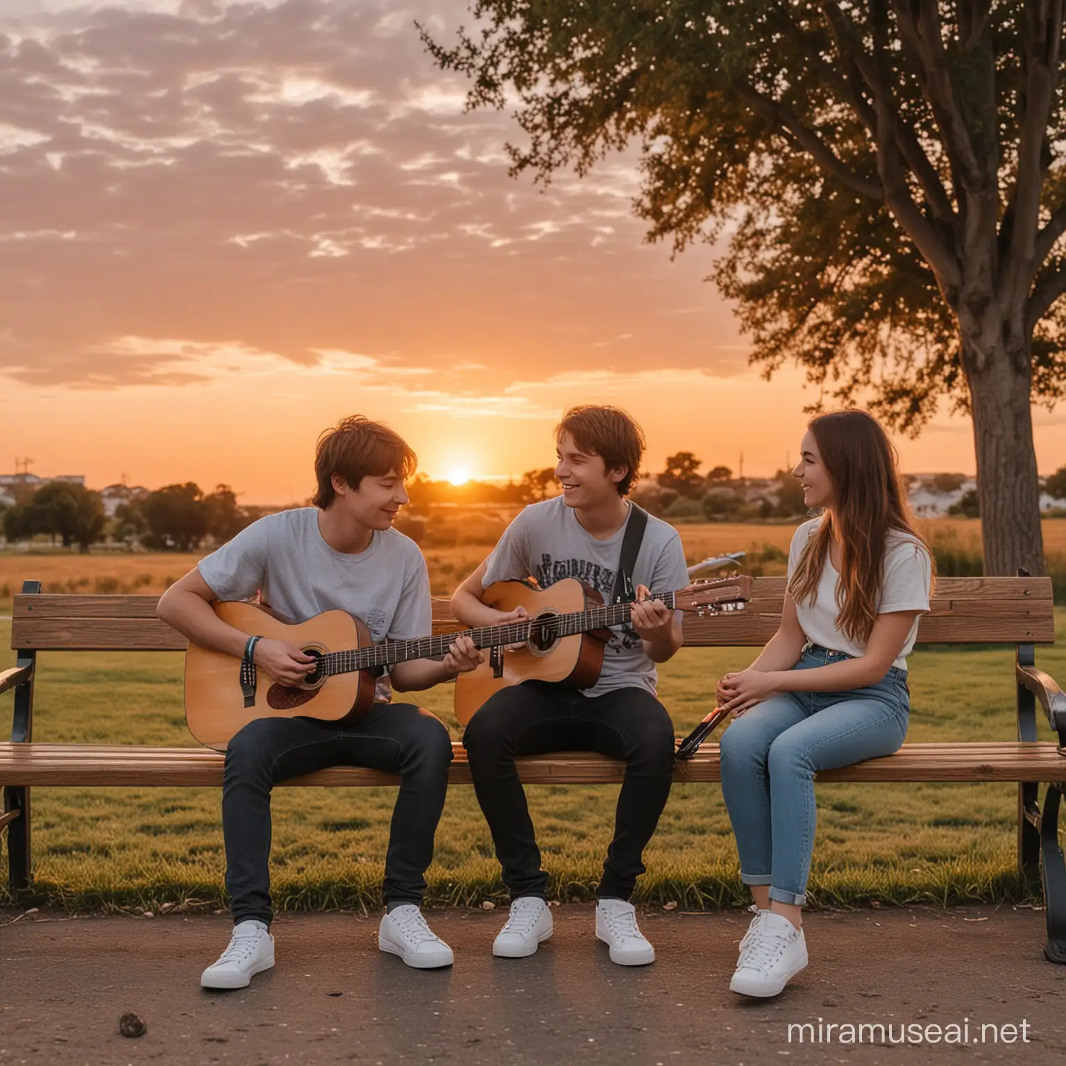 Chica sentada en una banca junto a chico con una guitarra con un atardecer de fondo