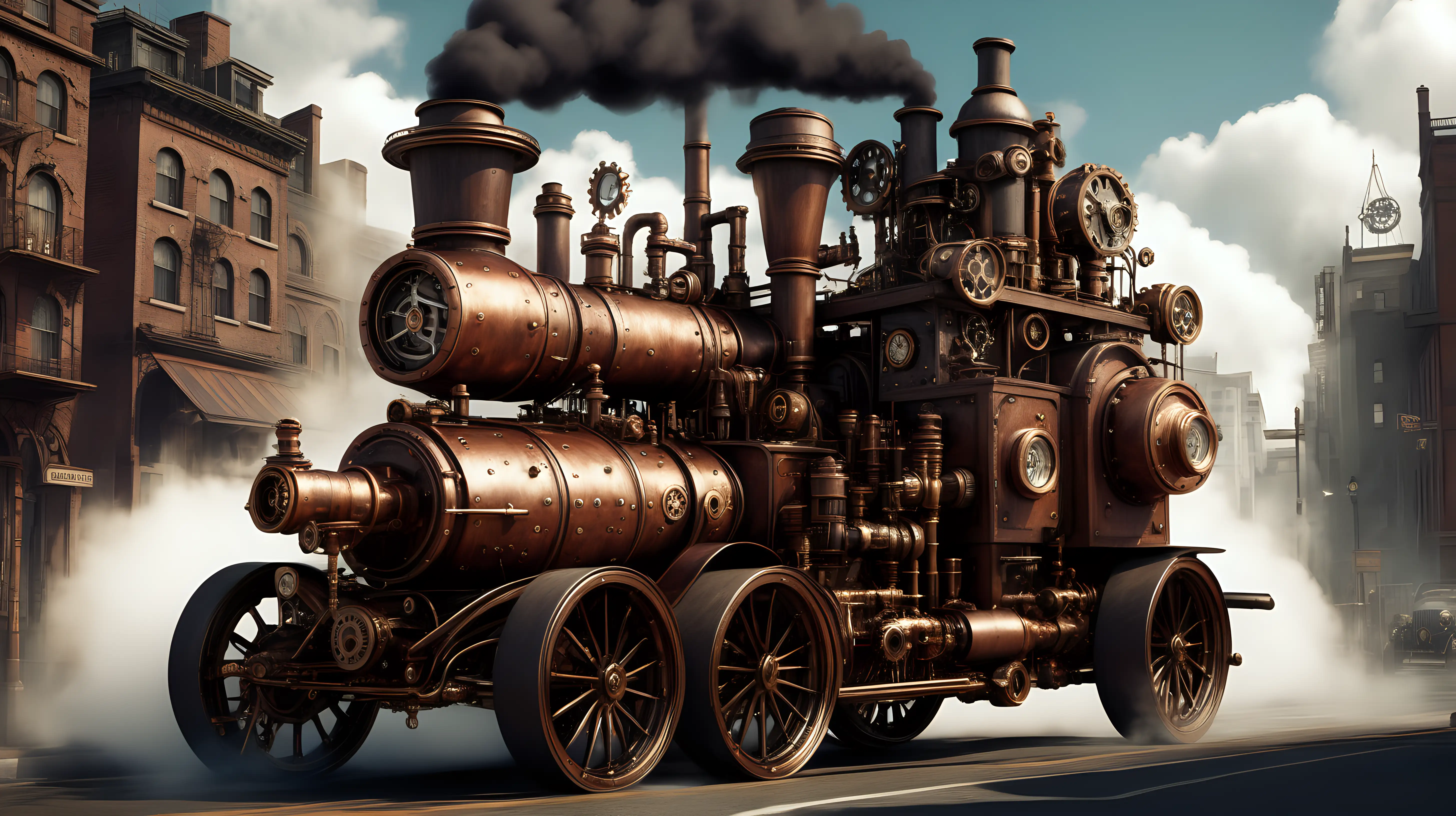 Steampunk car steam engine city