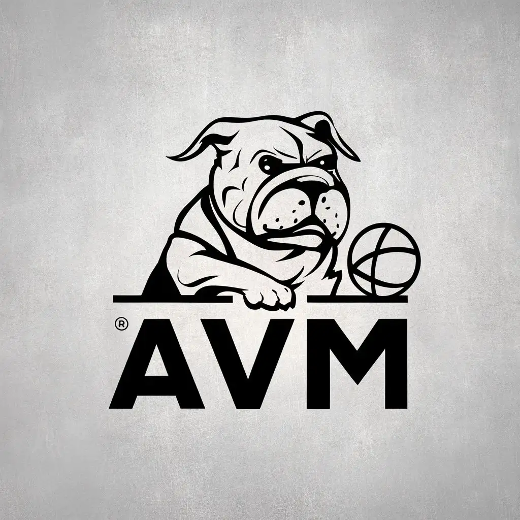 logo, Bulldog drawing holding a ball, with the text "AVM", typography, be used in Technology industry
