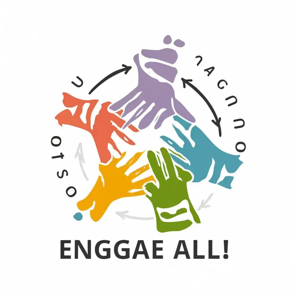 logo, stylized hands caring each other in a few circles which are broken and not equally thick and thin, with the text "ENGAGE ALL!", typography, be used in Nonprofit industry