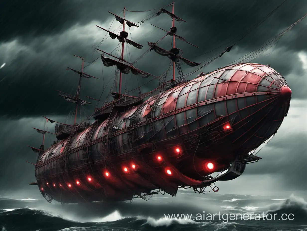 Пиратский дирижабль в серо-красных тонах, вооружённый до зубов в стиле дизельпанка во время сильного шторма