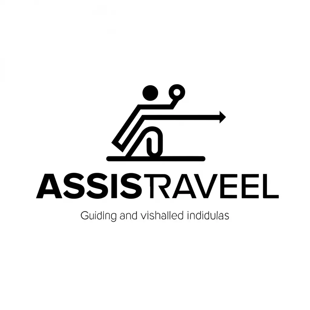 a logo design,with the text "AssisTravel", main symbol:A T, a person helping and guiding the visually impaired people, black and white,complex,be used in Nonprofit industry,clear background