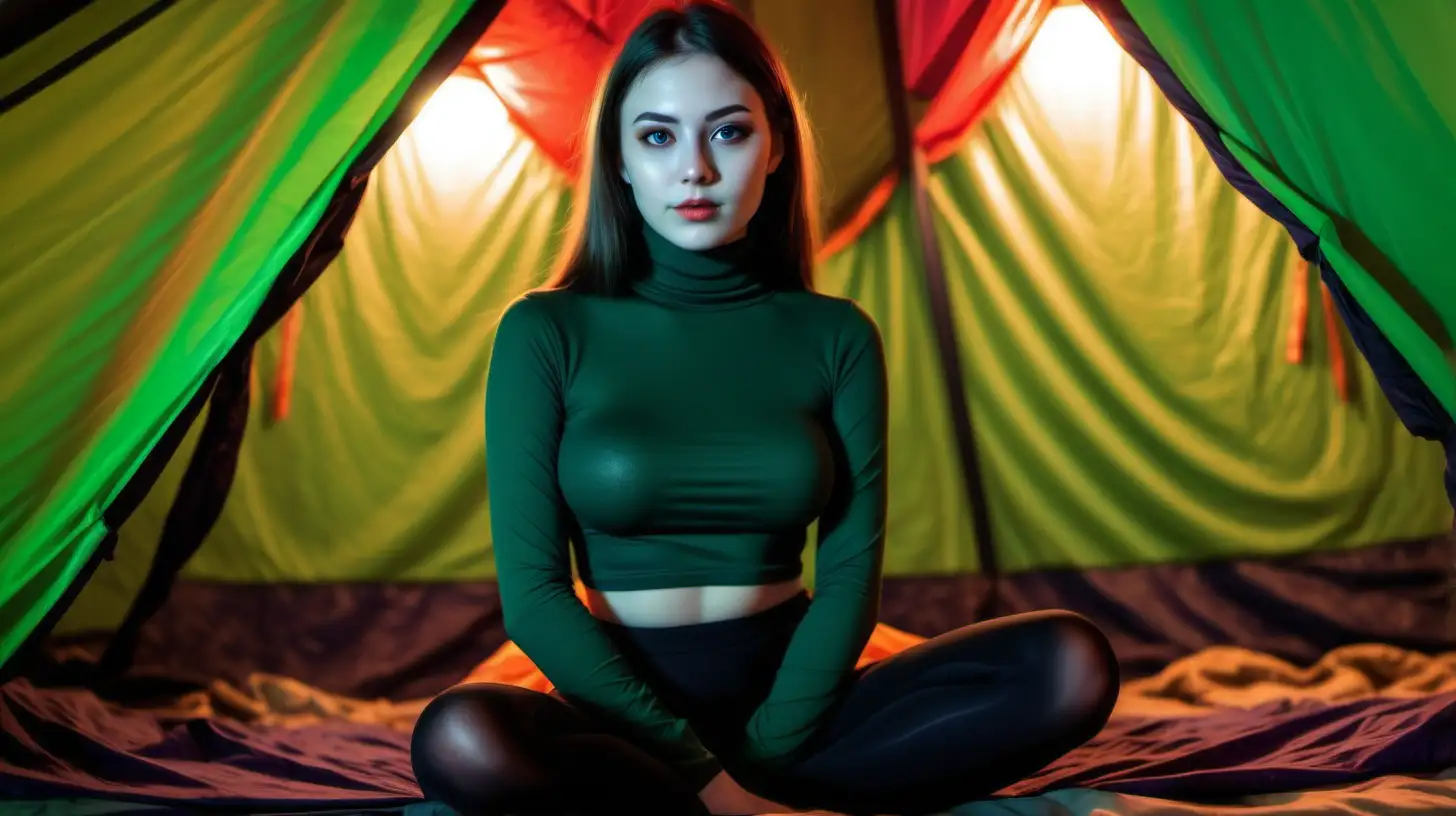 Slender girl in tent at night.

Tent has colorful lights inside.

Wearing dark black tights.

Wearing tight green turtleneck croptop.

