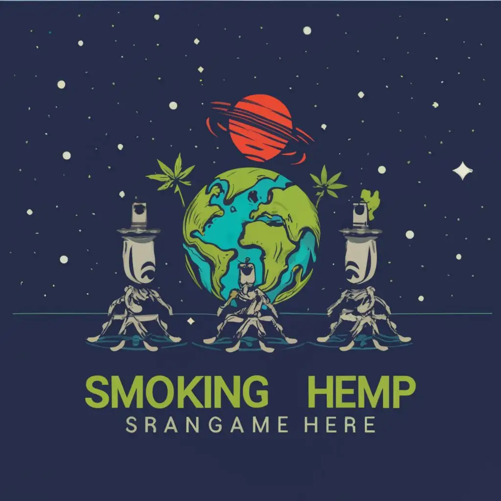 logo, earth in space with 3 tripod aliens hanging out, with the text "smoking hemp", typography, be used in Internet industry