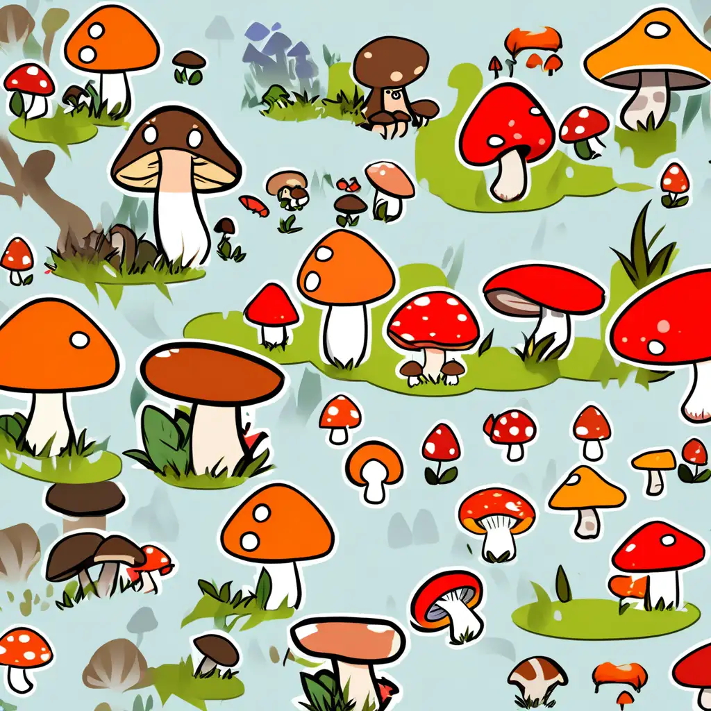 Whimsical Cartoon Mushrooms in Enchanted Forest