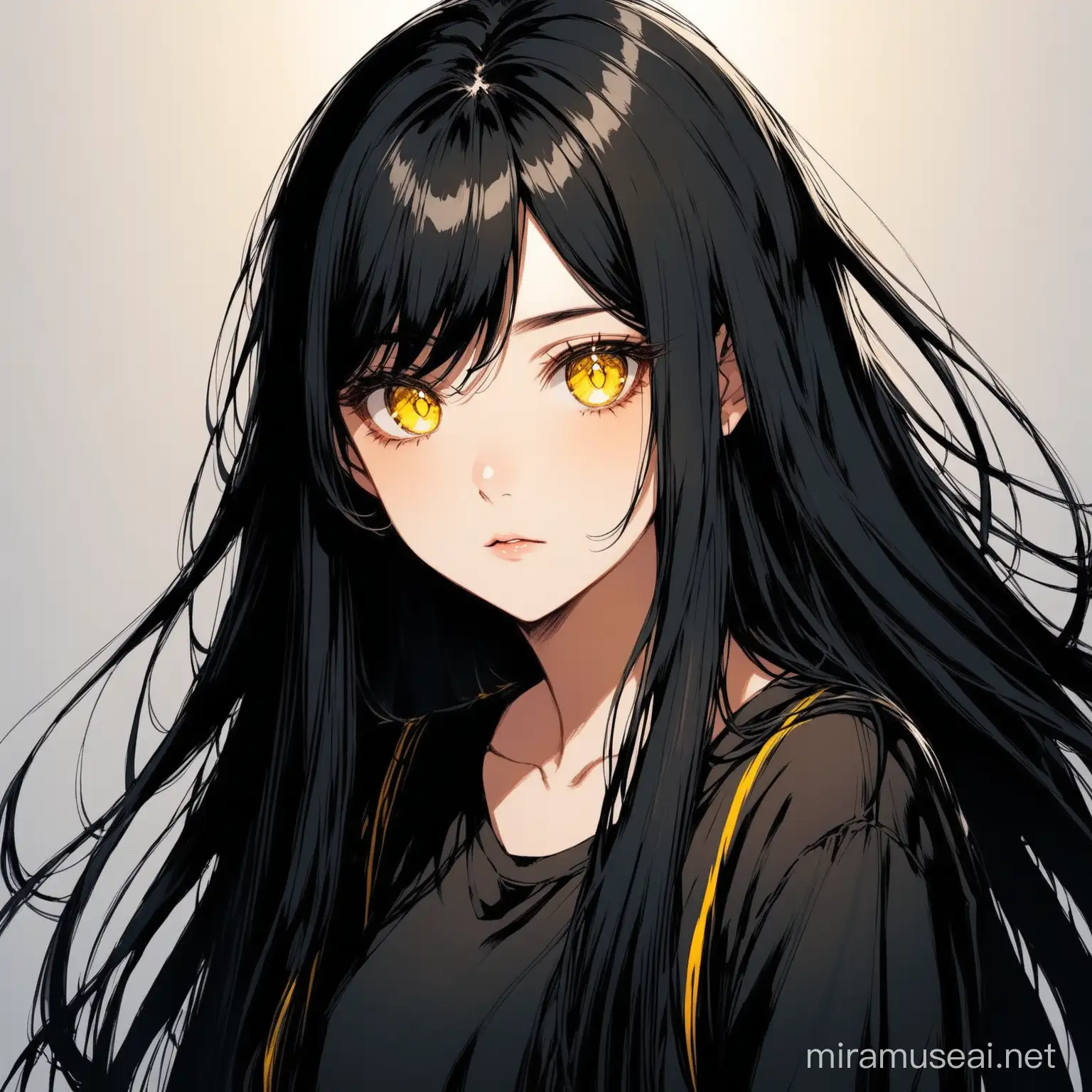 Enigmatic Girl with Yellow Eyes and Long Black Hair