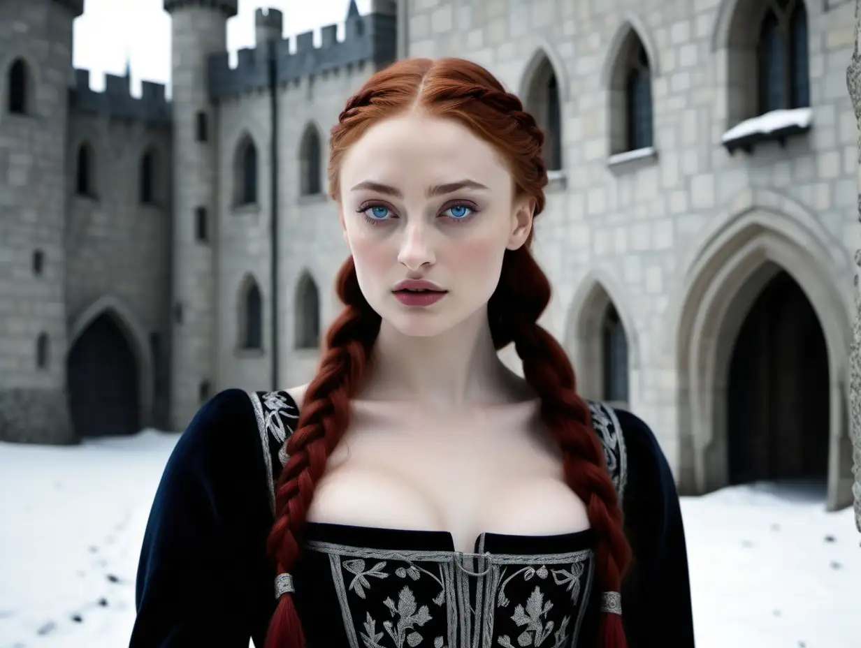 Sophie turner young girl high cheekbones  deep set blue eyes long loose braided red hair small full lips 
strong cheekbones small straight  nose thick eyelashes high eyebrows pale white skin clear and young face slender and skinny 
Wearing black velvet and woolen winter  gown embroidered with silver and fur
Medieval fantasy castle background