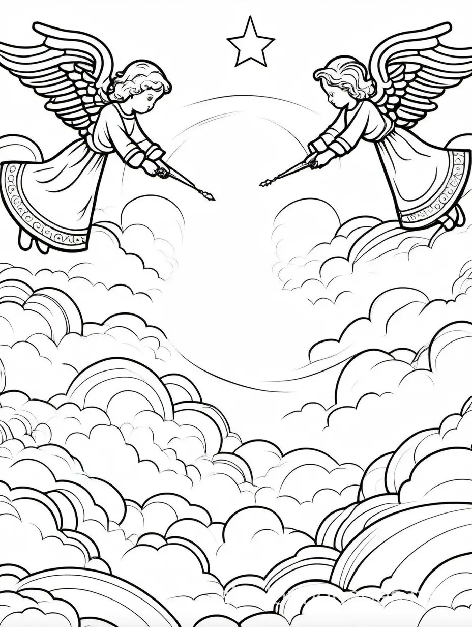 Angels in the sky , Coloring Page, black and white, line art, white background, Simplicity, Ample White Space. The background of the coloring page is plain white to make it easy for young children to color within the lines. The outlines of all the subjects are easy to distinguish, making it simple for kids to color without too much difficulty
