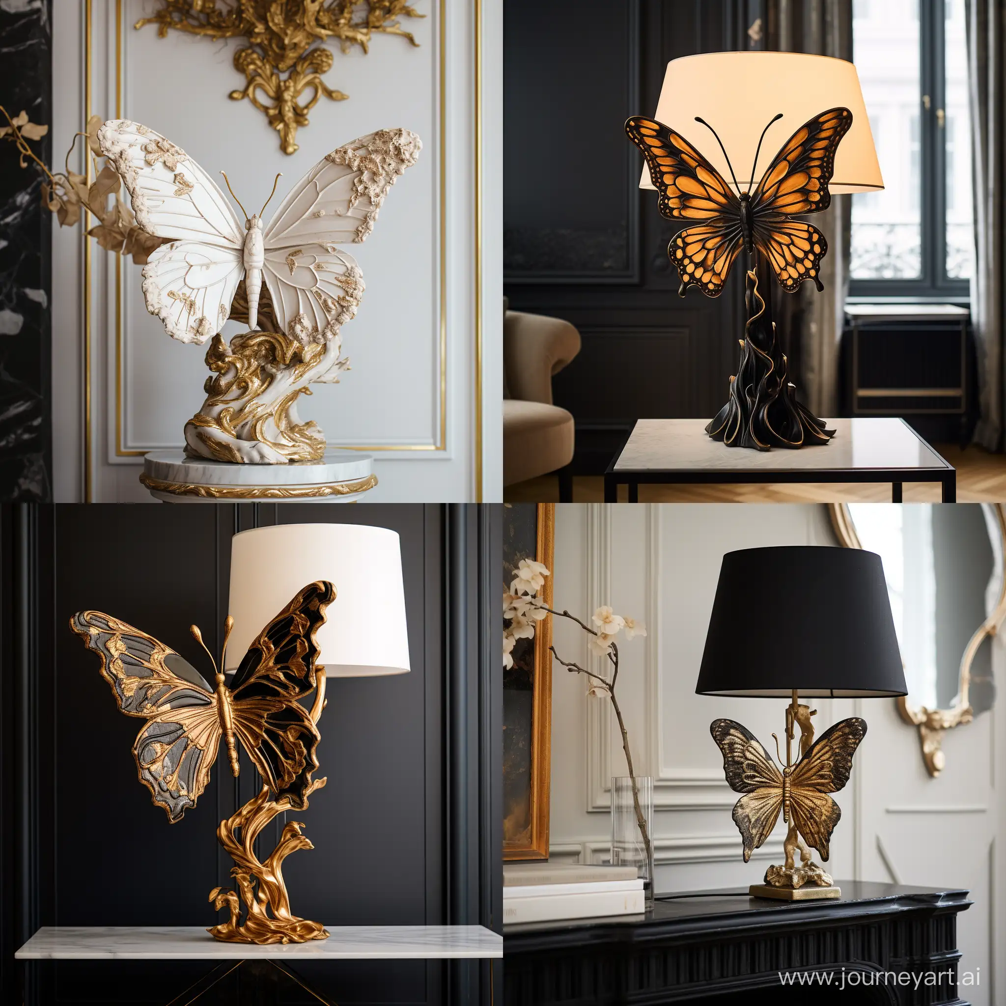 A sculpture of a butterfly landed on a delicate European-style lamp