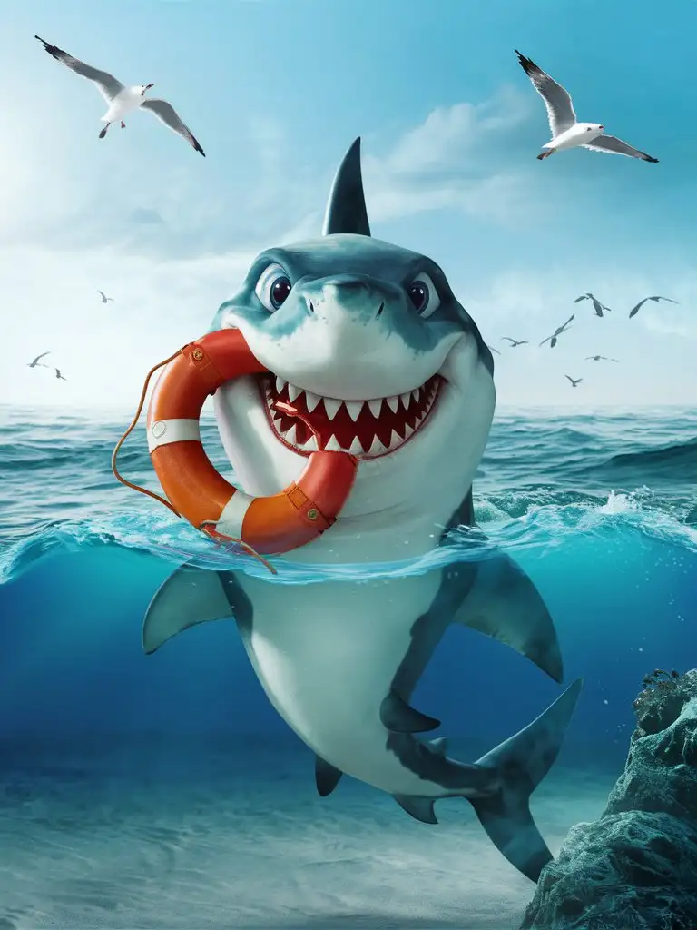 Happy shark half out of the water with a lifebuoy, hunting, side view, very high resolution