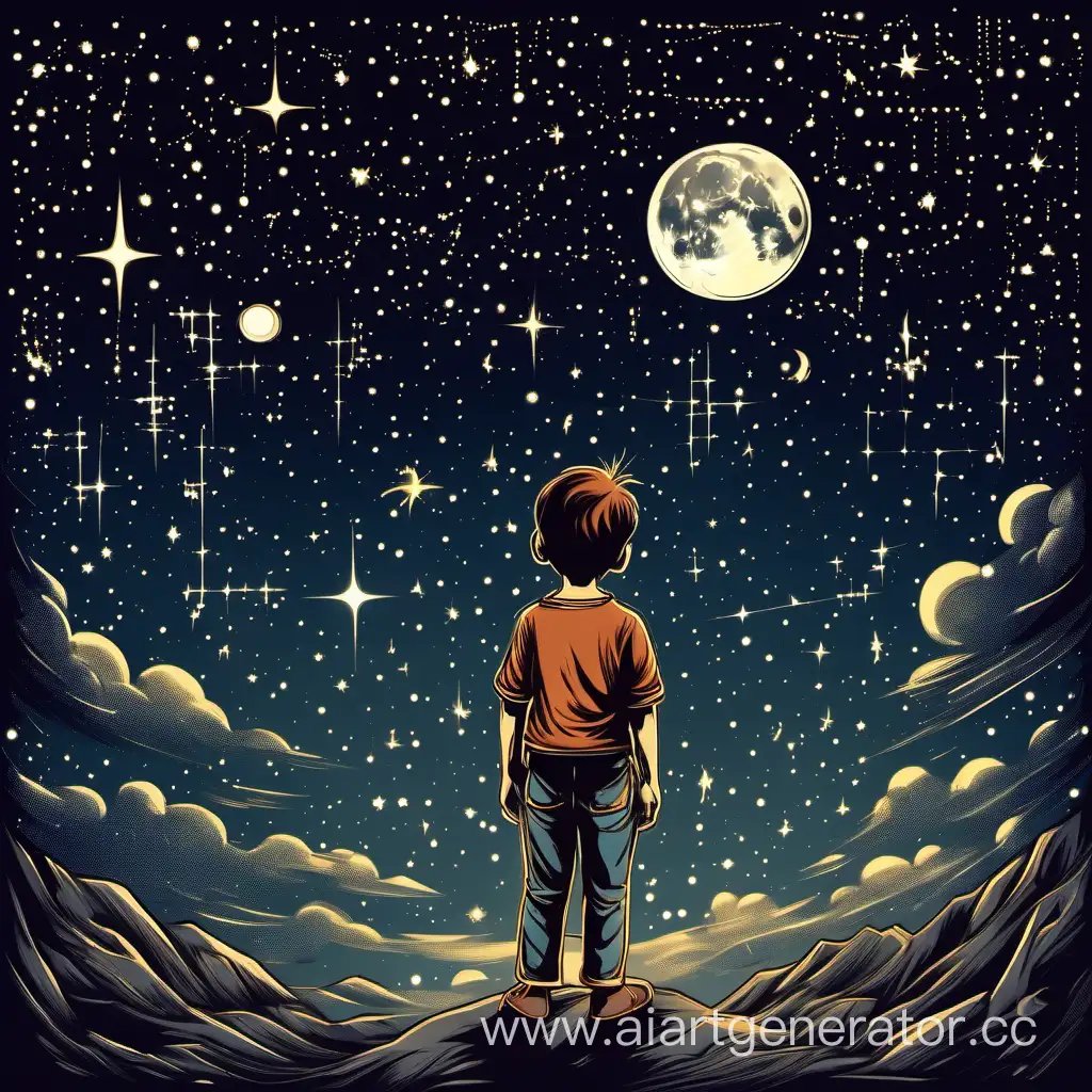 THE BOY STANDS AND LOOKS AT THE NIGHT SKY AT THE MOON AND STARS IN THE CONSTELLATION VIRGO