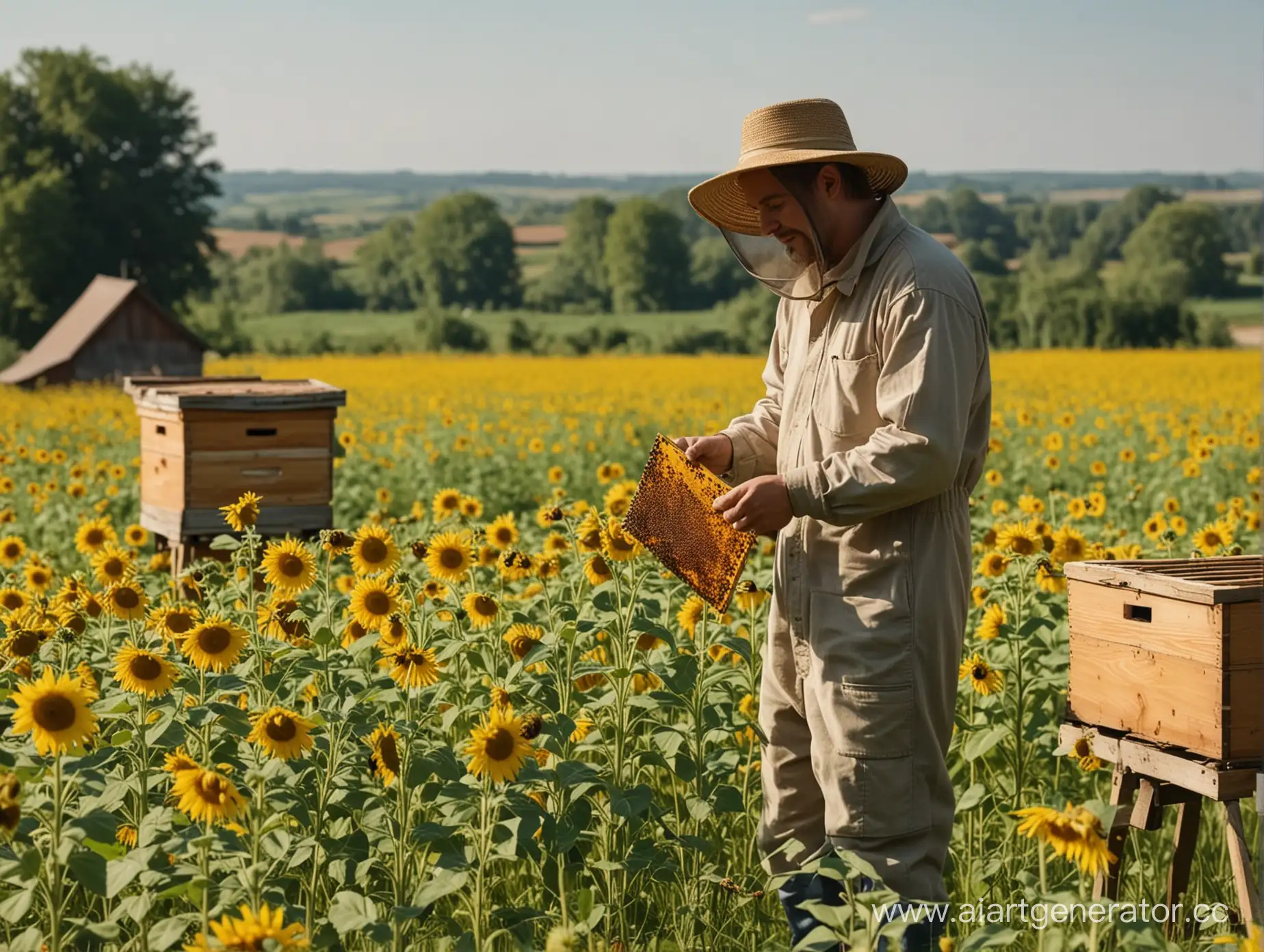 Rural-Farm-Landscape-with-Sunflowers-and-Beekeeper-Extracting-Honey-in-4K-Quality