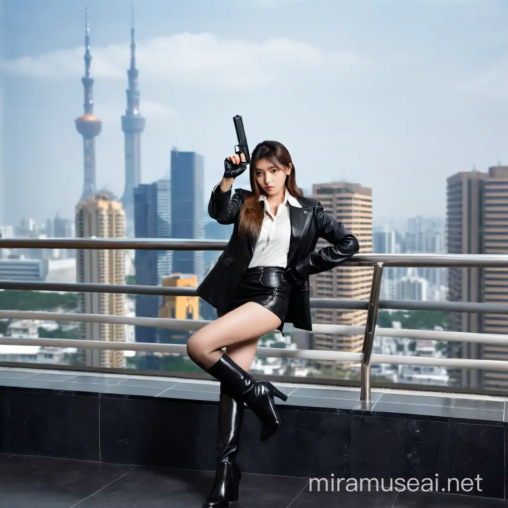 full body shot, head to feet standing pose, asian teenage girl, pale skin, professional killer, hitwoman, female mafia, assassin, holding a suppressed pistol in her right hand,  pretty teenager japanese girl face, big eyes, plump figure, light brown straight hair, clad in black leather suit, leather mini skirt, black stockings, high heel thigh high boots, donning full finger leather gloves, 4 long fingers, standing pose, right hand holding a silenced pistol with focused intent, pointing to another girl, shooting her victim, surrounded by the corporate ambiance of a high-rise office, photo realistic, dramatic lighting, attention to fabric texture, contrast between the sharpness of her attire and the blurred city scape visible through the panoramic window, tension captured in the scene, ultra realistic.