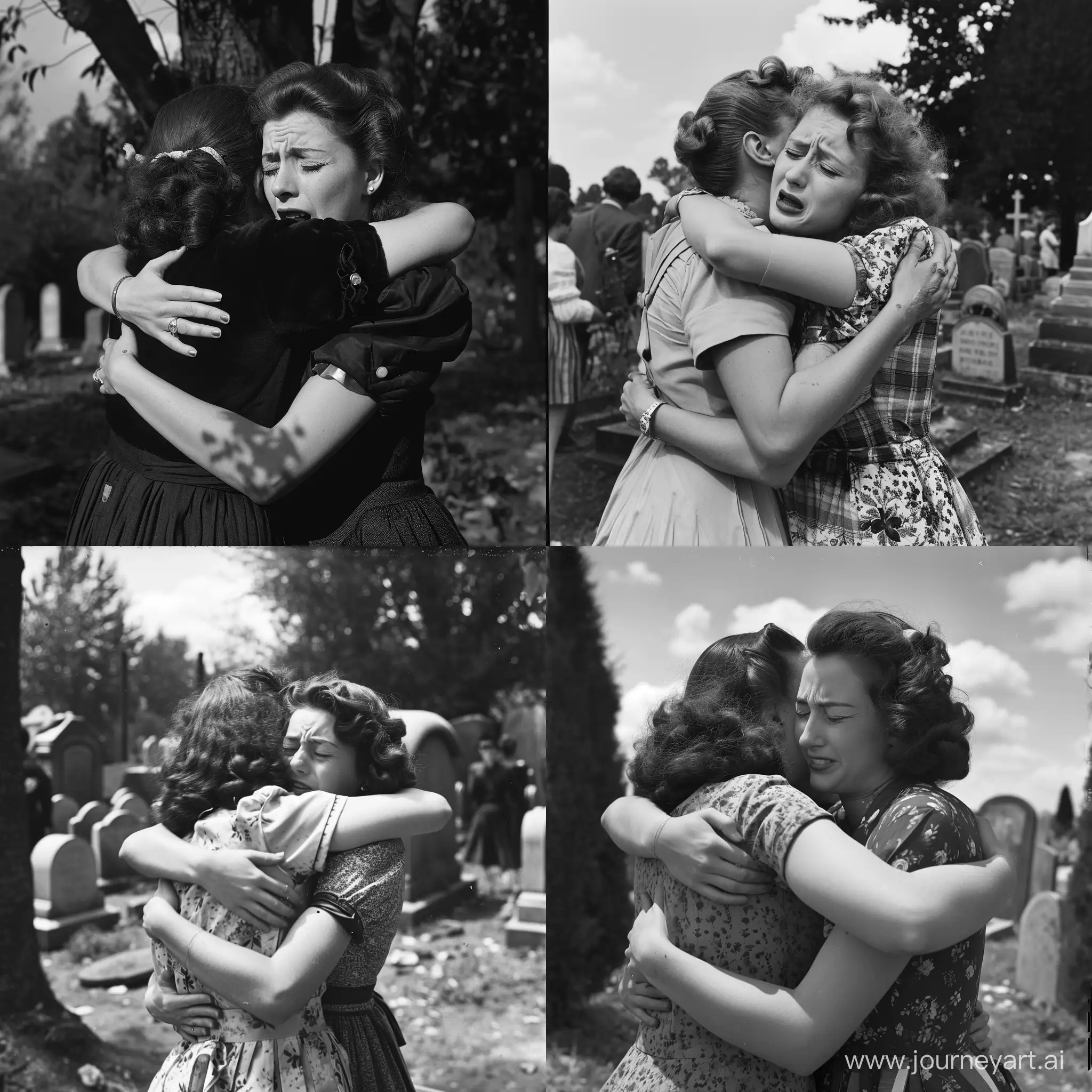 Lesbian european french short sleeves puffy compression 1950s Photo  hug crying wail cemetery