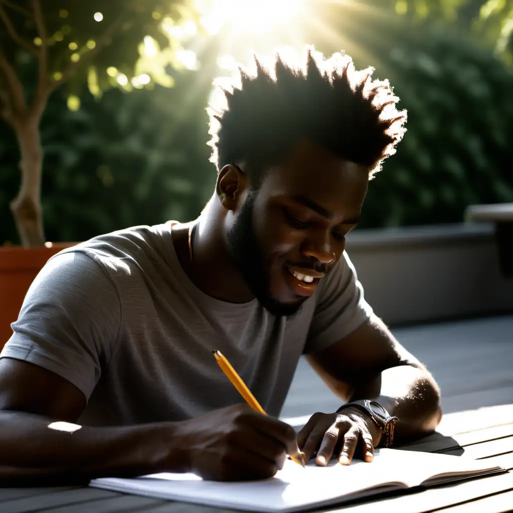 /imagine a 4K image of a black man writing in sunshine

