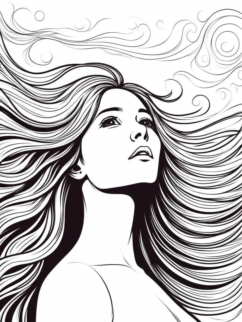 line art, looking up into the sky, woman with long flowing hair, vector
