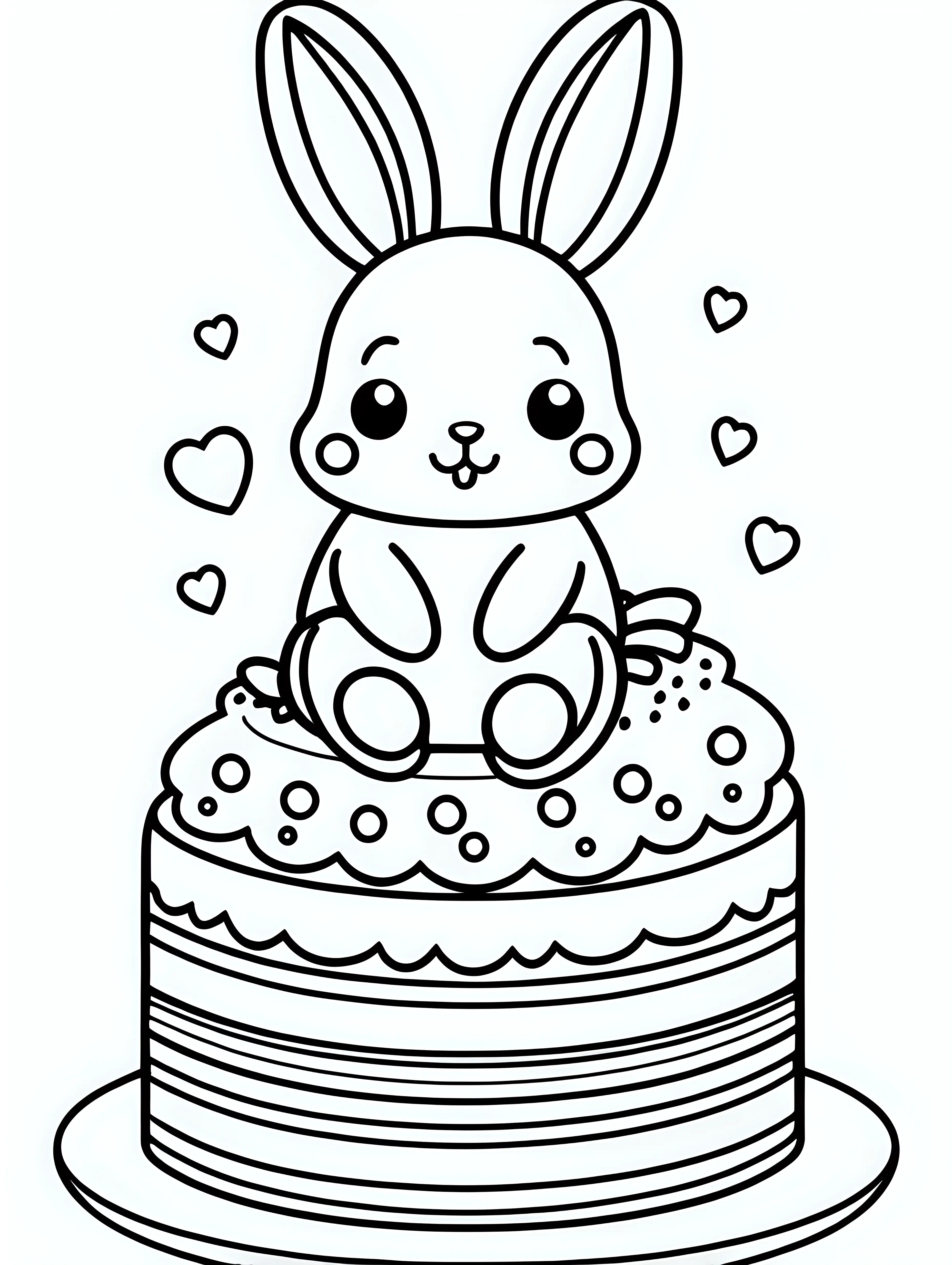 coloring page for kids with a cute kawaii bunny sitting on a cake, black lines white background, only black and white