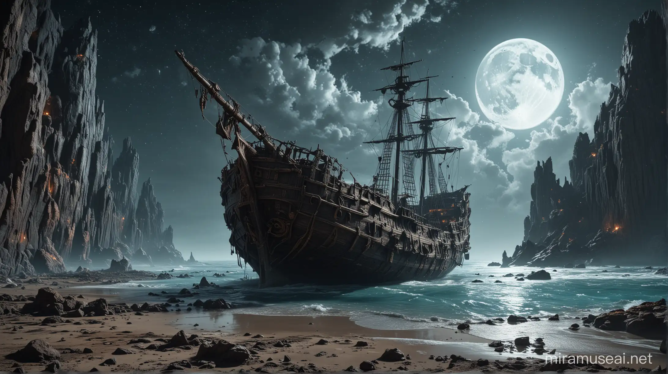 Medieval Shipwreck on the Moon Fantastical Fantasy Concept Art in 8K Resolution