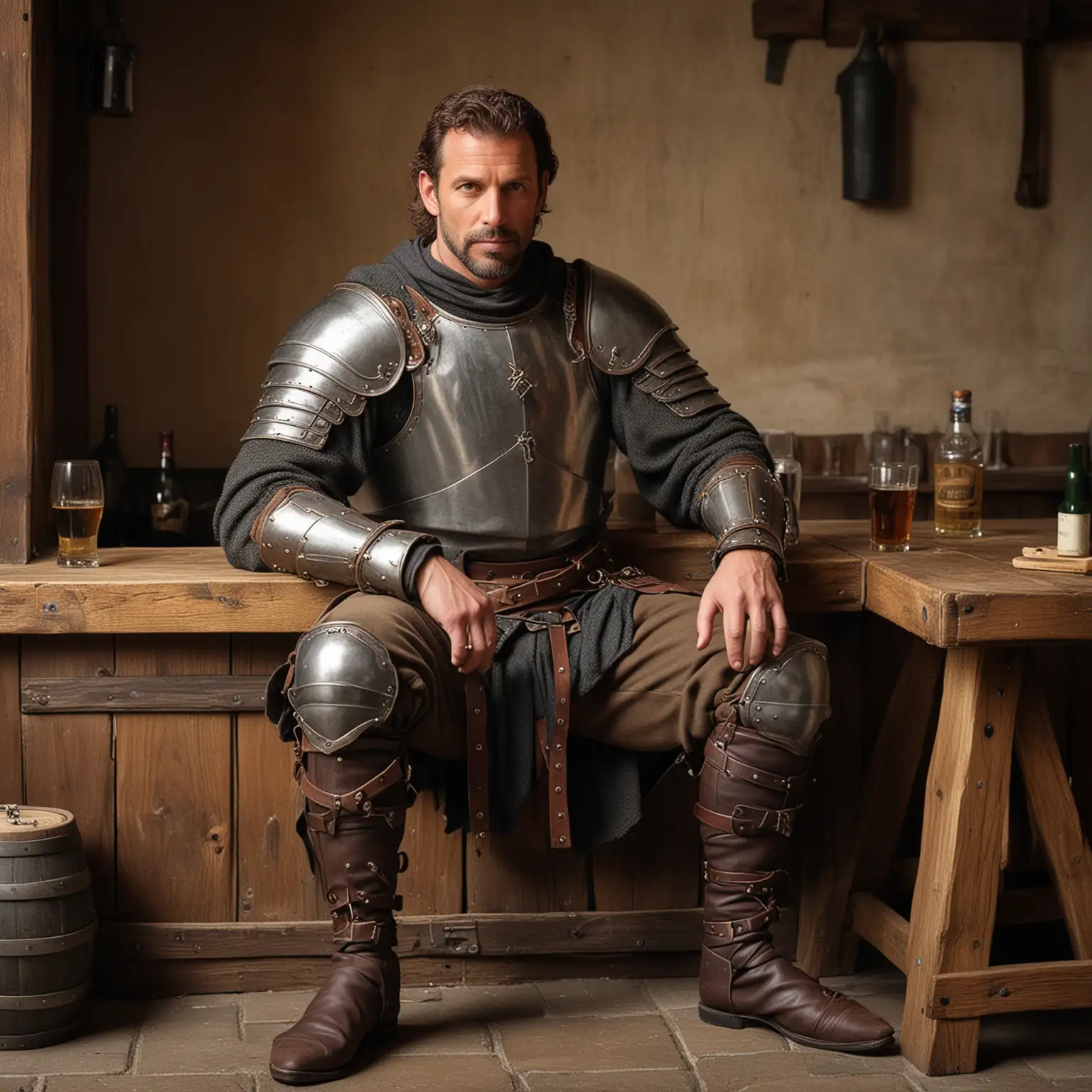 A handsome 40 year old medieval warrior with a wounded leg sitting at a tavern bar 