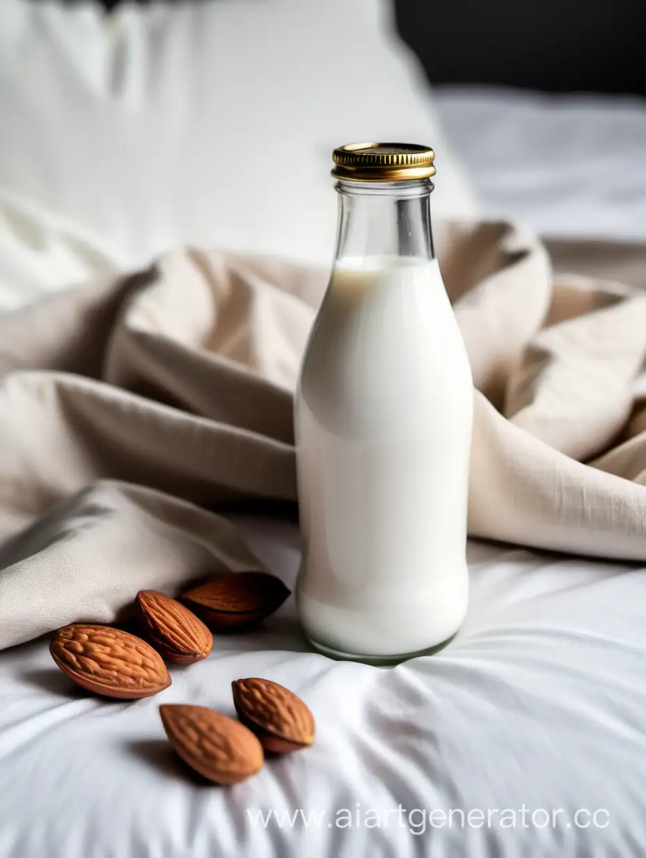 бутылка с молоком лежит на кровати а вокруг орехи миндаля, фото сбоку

