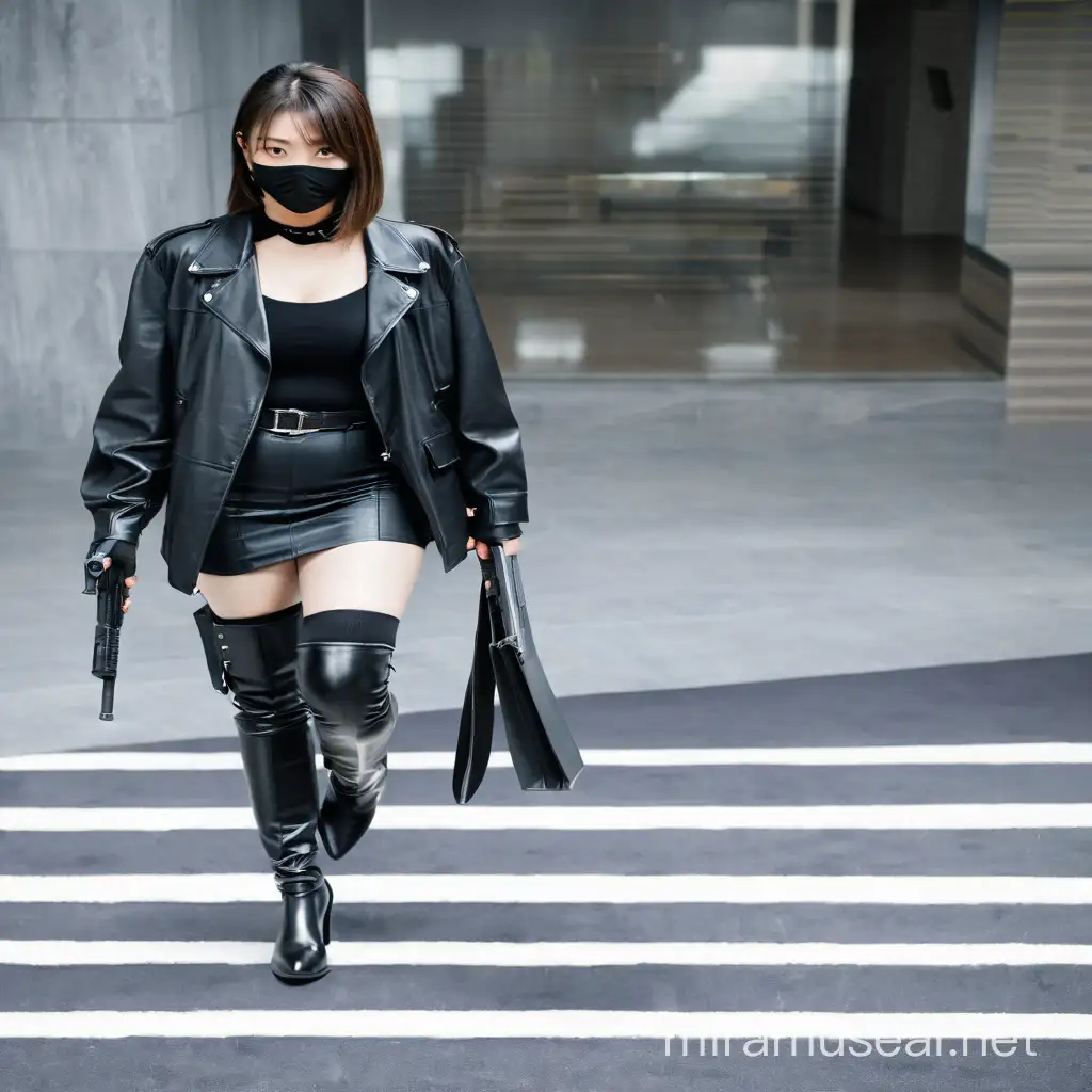 full body shot, head to feet standing pose, asian teenage girl, pale skin, professional killer, hitwoman, female mafia, assassin, holding a suppressed pistol in her right hand,  pretty teenager japanese girl face, big eyes, plump figure, light brown straight hair, clad in black leather suit, leather mini skirt, black stockings, high heel thigh high boots, donning full finger leather gloves, 4 long fingers, standing pose, right hand holding a silenced pistol with focused intent, pointing to another girl, shooting her victim, surrounded by the corporate ambiance of a high-rise office, photo realistic, dramatic lighting, attention to fabric texture, contrast between the sharpness of her attire and the blurred city scape visible through the panoramic window, tension captured in the scene, ultra realistic.