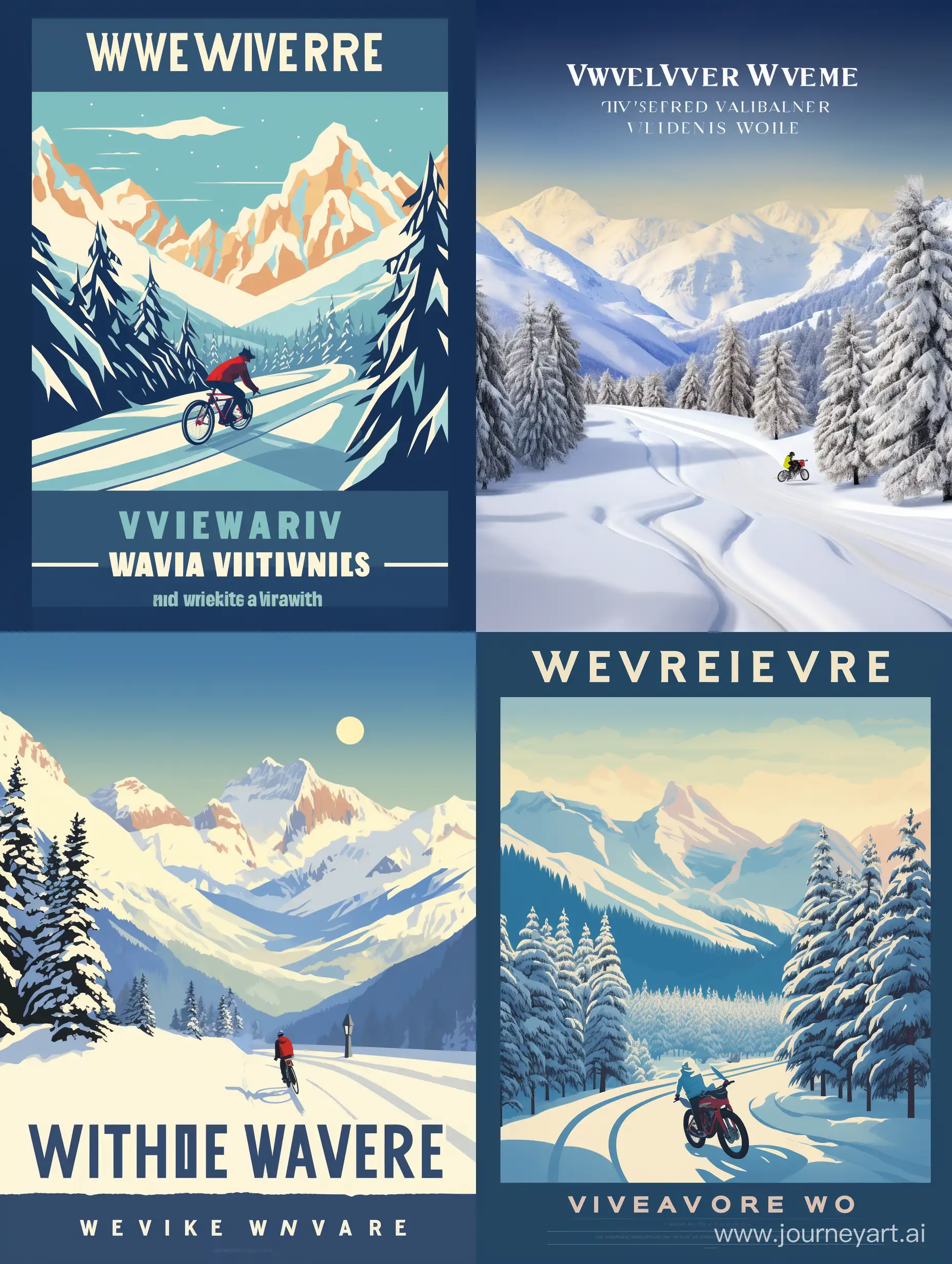 Travel poster: Winter Wilderness: A winter landscape capturing the serene beauty of snow-covered trees and mountains. The motorbike tracks in the snow suggest a thrilling winter adventure in the heart of the Alps, by artist Justin Van Genderen, flat vector art illustration 