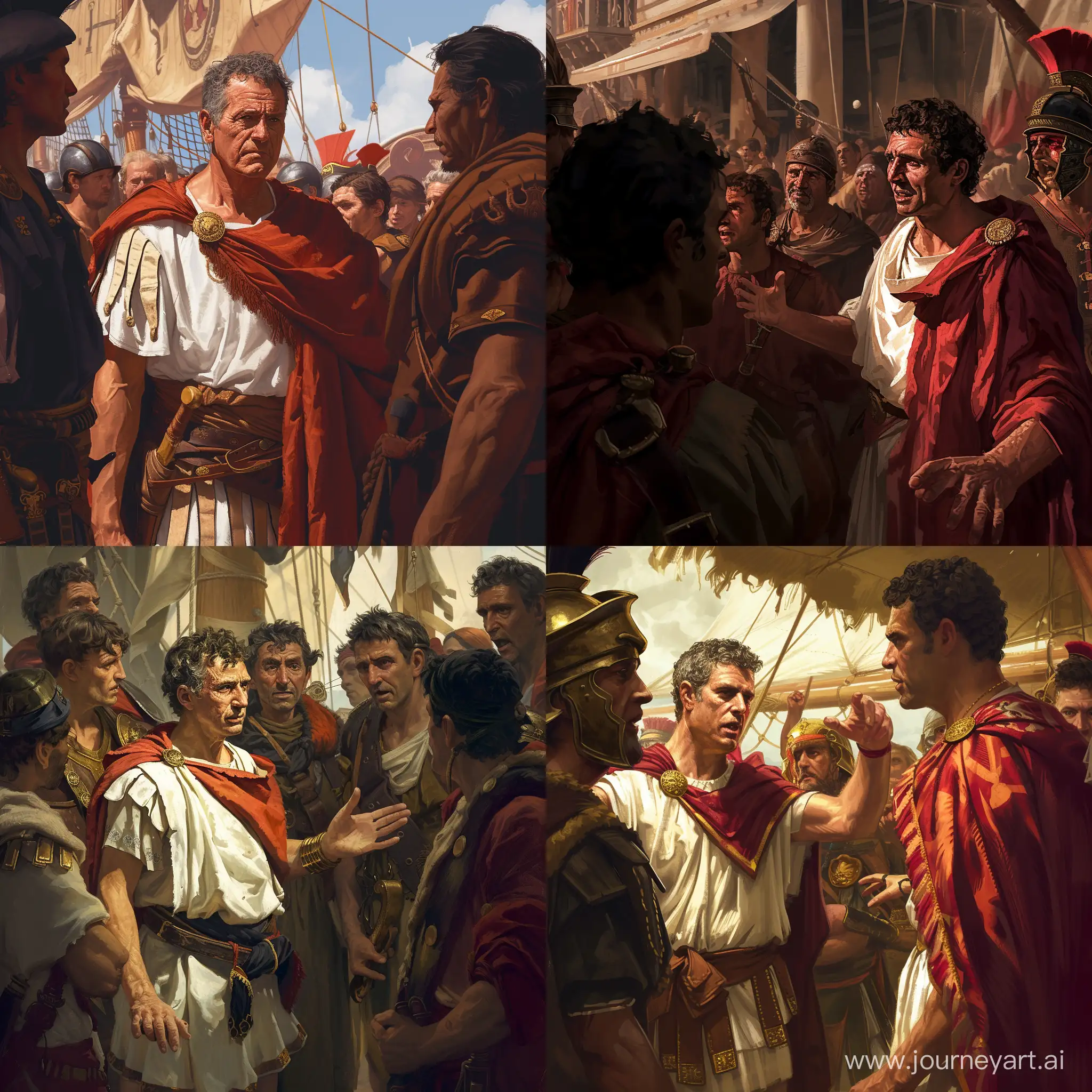 Illustrate the historic moment when julius caesar Insulted by the initial ransom demand confidentlydemands more talents from the pirates,adding a touch of his highhanded demeanor. Make the scene hyperrealistic