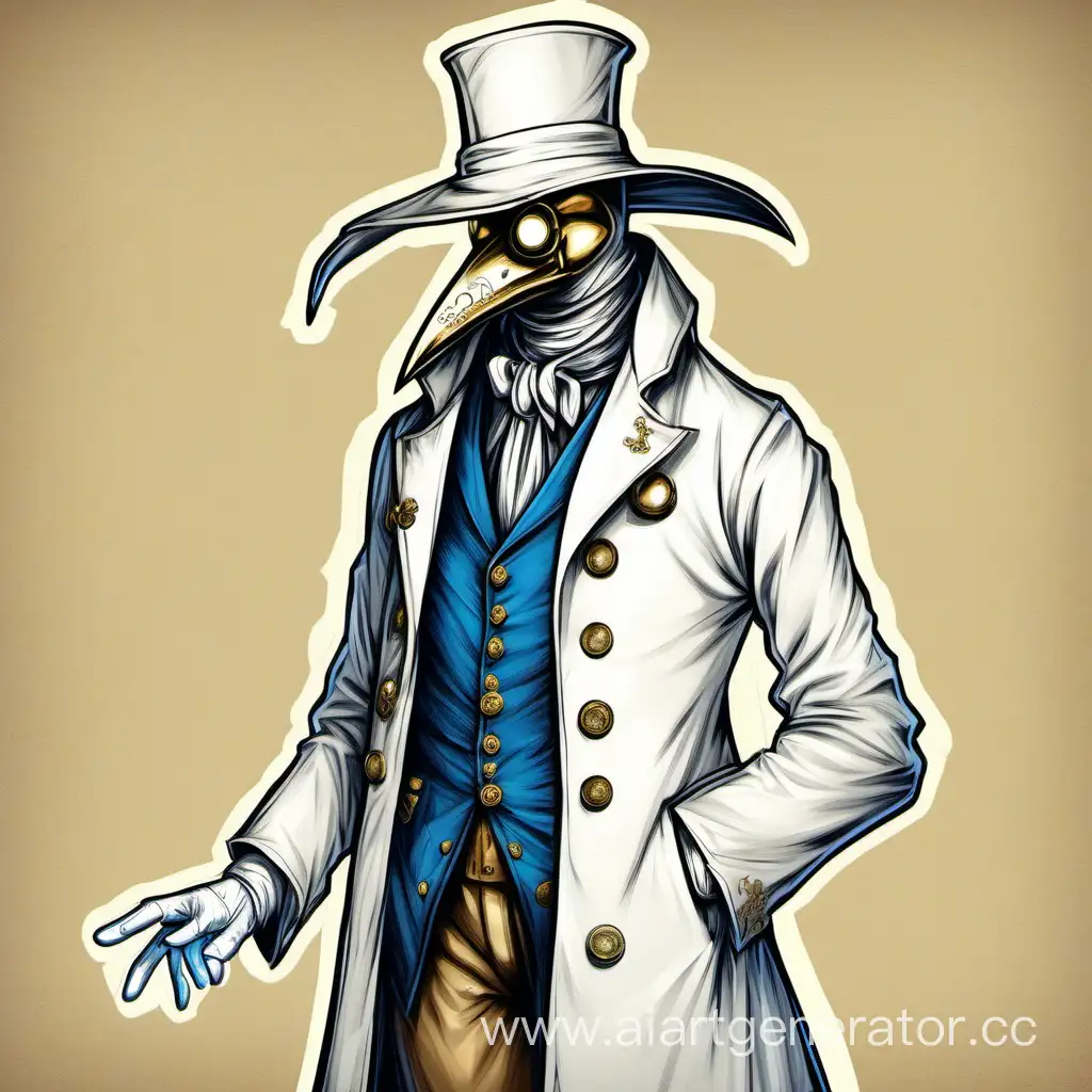 Make a portrait of an itinerant doctor of the 18th century. as in D&D - in a white coat and a gold and white suit, as well as a blue tie. He looks 30 years old. Also add white gloves. Also make the image itself look like it was drawn very beautifully. Make a few more hand gestures. And make the photo itself drawn. He also has a plague doctor mask, but nothing on his head