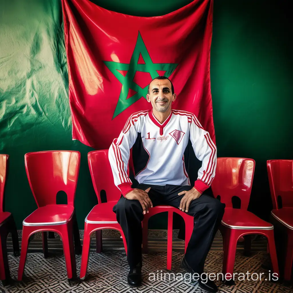 A 47-year-old Moroccan young man One year he sits on a chair, with the Moroccan flag behind him, sitting in a café that contains a picture of him with the Moroccan team’s uniform.