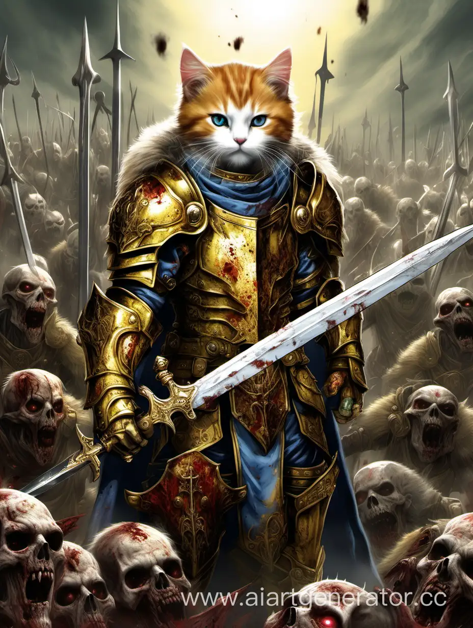 Fluffy kitten Legionnaire with a large fur collar on his shoulders, in golden armor and with a shining sword, standing on the corpses of zombies, detailed, with high detail,