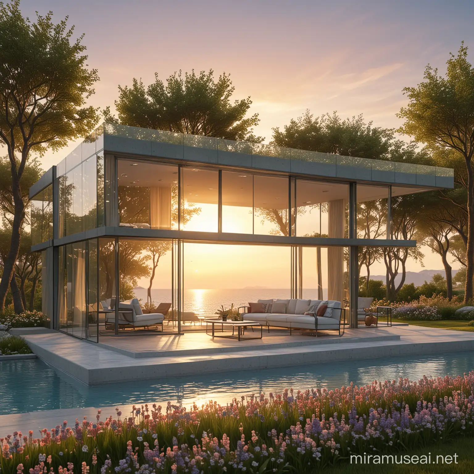 Seaside Glass Villa Sunset Modern Design with Spring Flowers