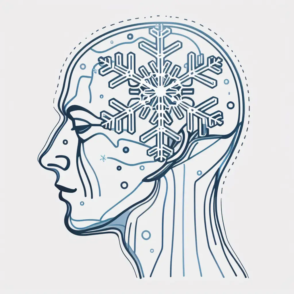 WinterThemed Line Drawing Transparent Human Head Profile with Snowflake Brain