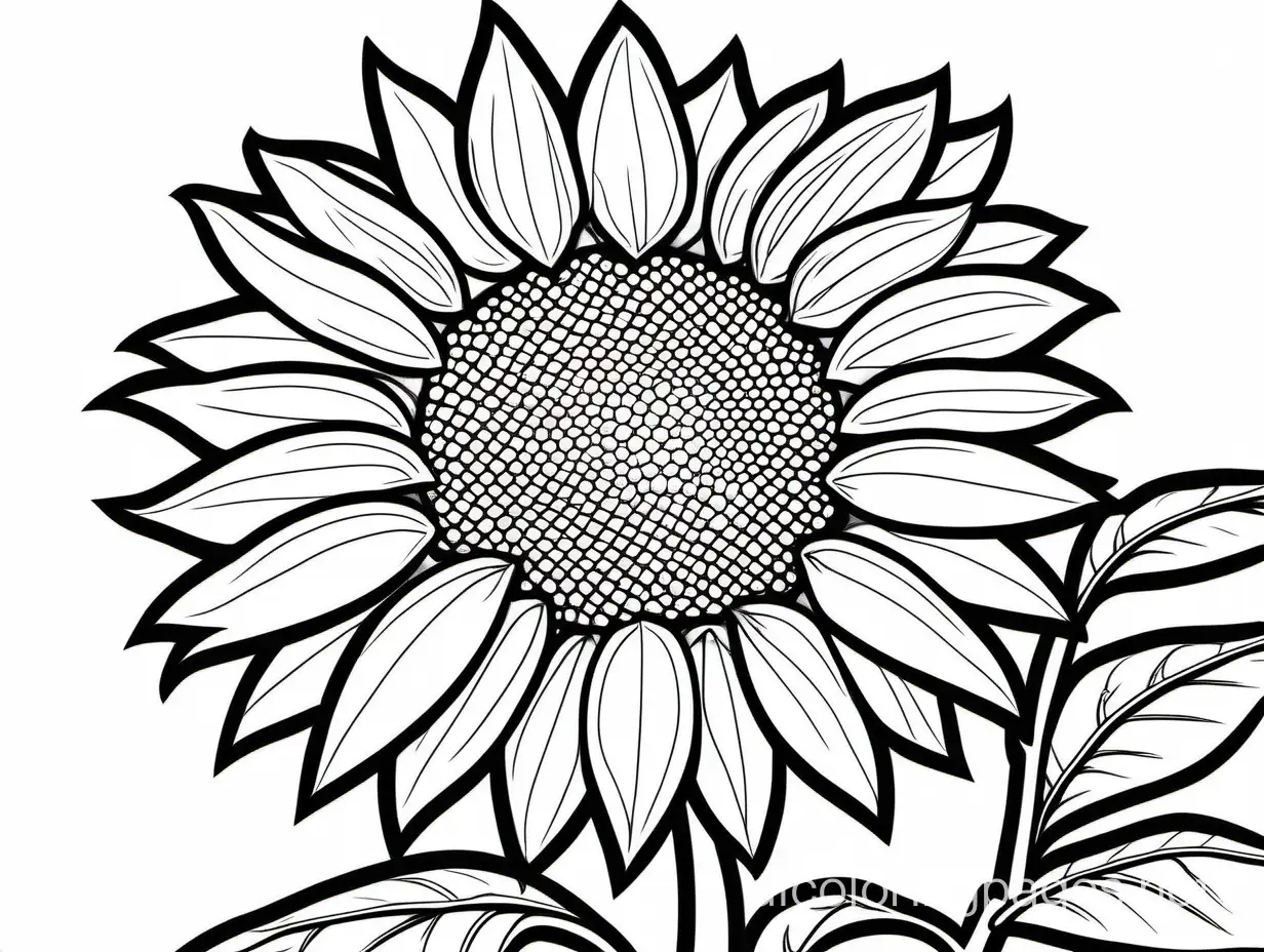 easy to color sunflower , Coloring Page, black and white, line art, white background, Simplicity, Ample White Space. The background of the coloring page is plain white to make it easy for young children to color within the lines. The outlines of all the subjects are easy to distinguish, making it simple for kids to color without too much difficulty