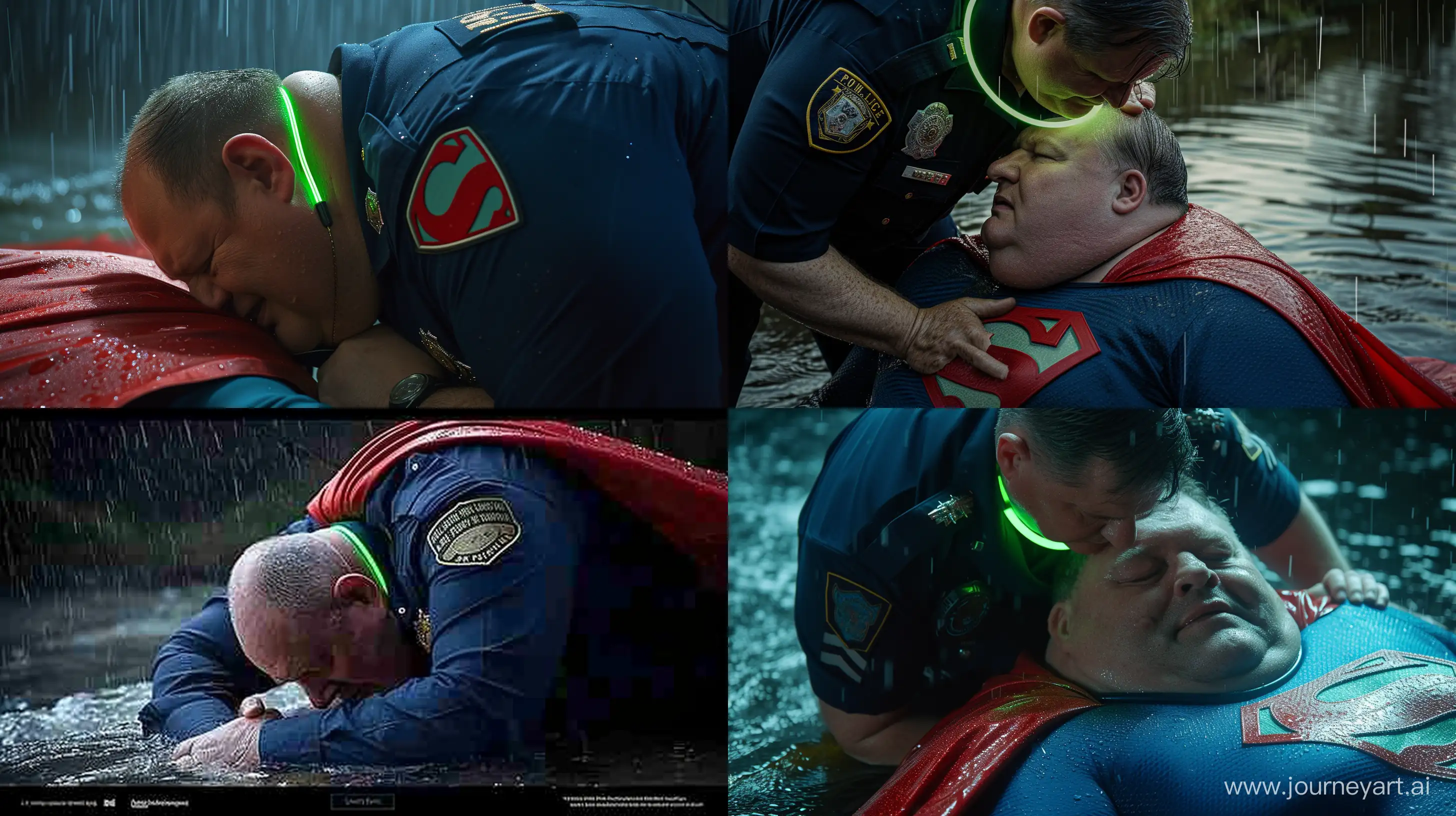Eccentric-Rainy-Day-Scene-Elderly-Man-in-Vintage-Superman-Costume-Gets-a-Neon-Dog-Collar
