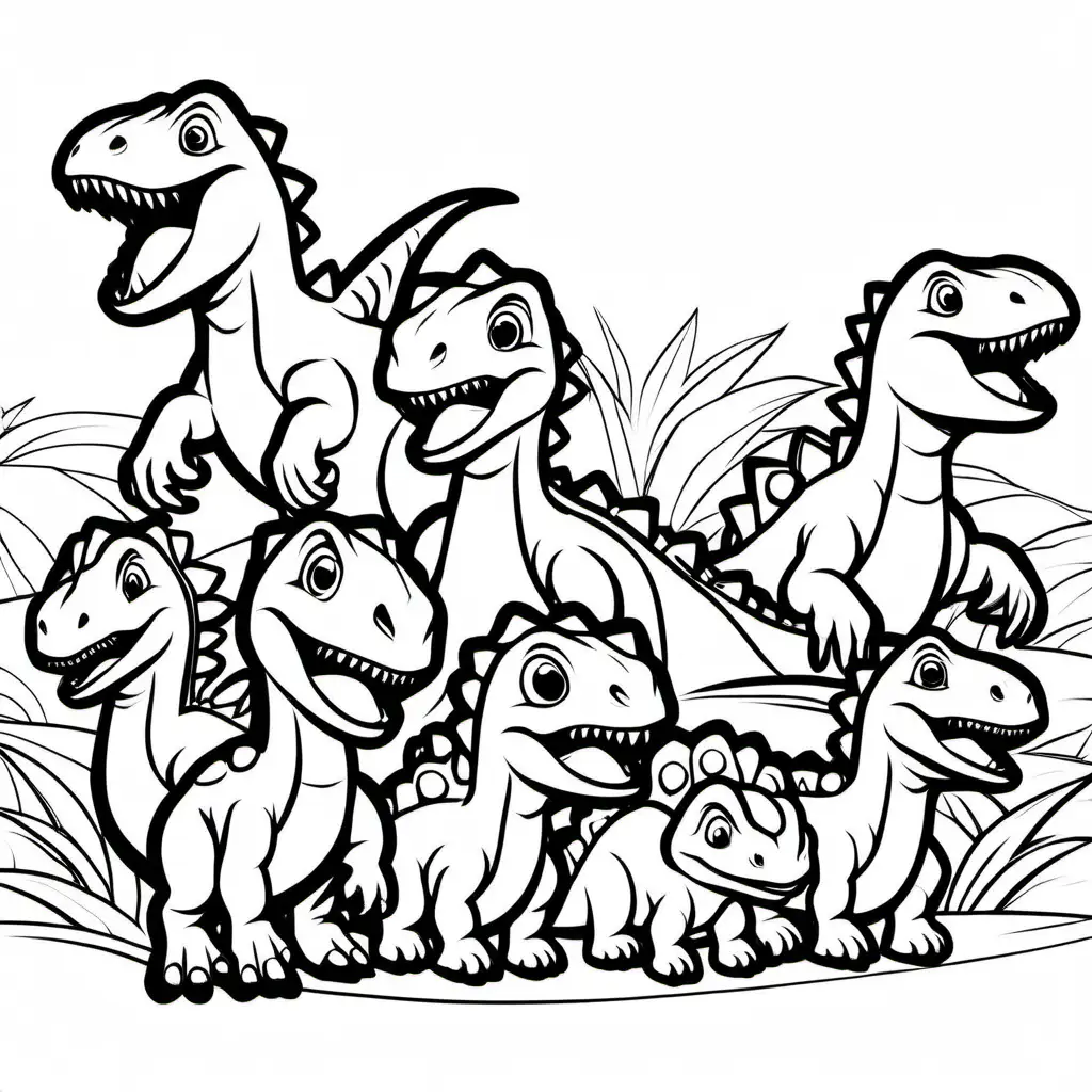 baby dinosaurs roaring, Coloring Page, black and white, line art, white background, Simplicity, Ample White Space. The background of the coloring page is plain white to make it easy for young children to color within the lines. The outlines of all the subjects are easy to distinguish, making it simple for kids to color without too much difficulty