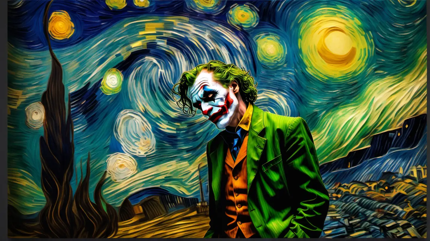 a scene from Joker in Van Gogh’s art style, painting in Van Gogh's style, colorful, high contrast, rough brush strokes --style raw 