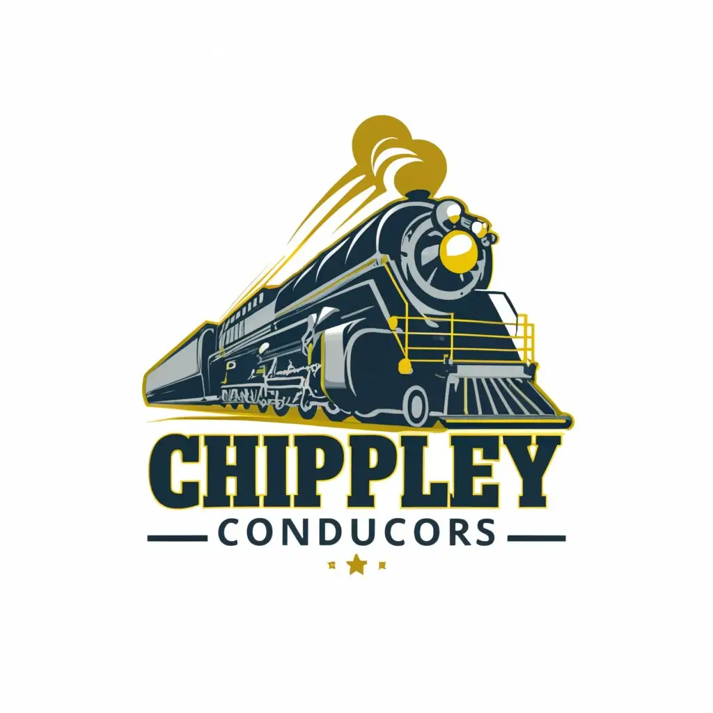 a logo design,with the text "Chipley Conductors", main symbol:a logo design,with the text "Chipley Conductors", main symbol:a logo of a train looking intimidating, behind his head have a steam train moving make the logo bright blue and bright yellow.
have the side of the train say CHIPLEY,Moderate,be used in Sports Fitness industry,clear background