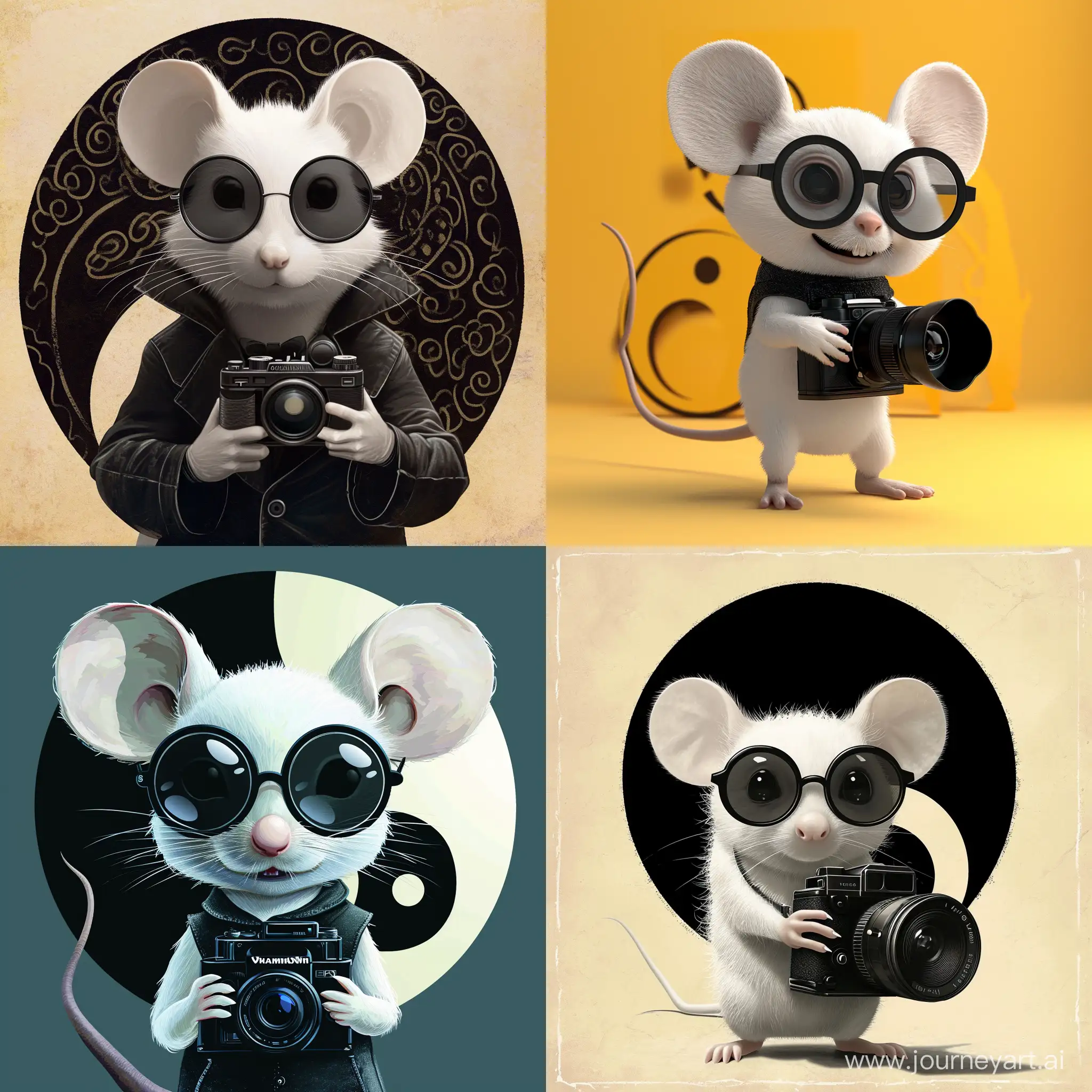 avatar picture of white Mouse with round black glasses and black cylinder holding digital camera

Style: realistic but mythical
Background: Yin Yang


