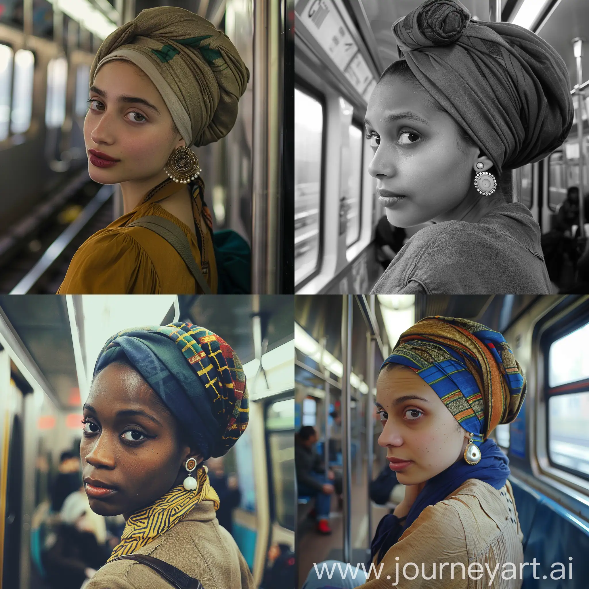 young woman with a distinctive earring and a head wrap lost in thought on the subway, looking at the camera, detailed eyes, inspired by 'Girl with a Pearl Earring', shared on Instagram in 2015 --ar 1:1 --style raw --v 6.0