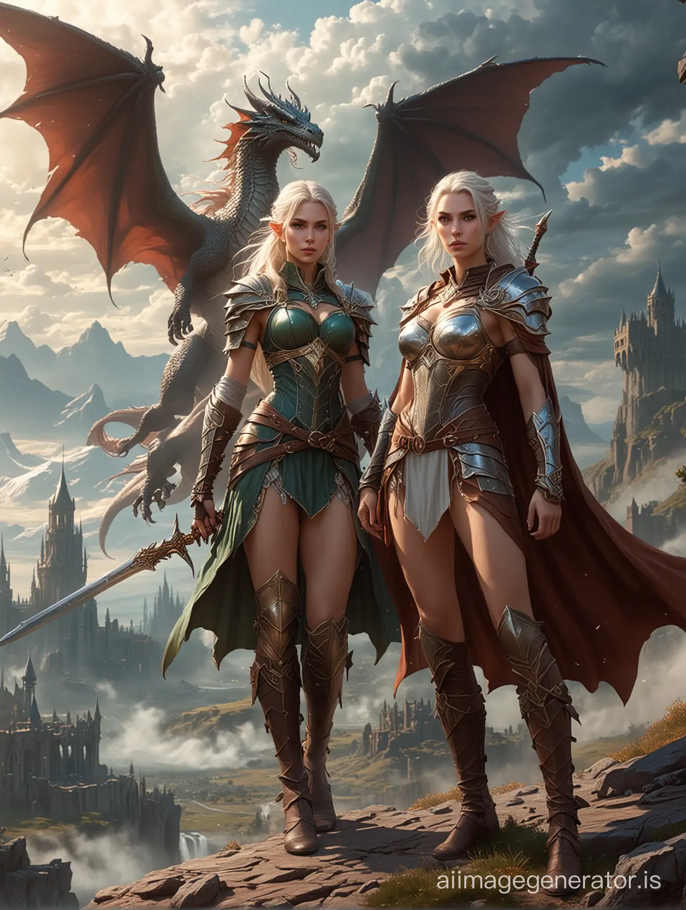 the female elven warrior and her female mage friend. Scantily dressed, fantasy setting. the battlefield behind them. no weapons. wizard wears a cape. dragon in the sky