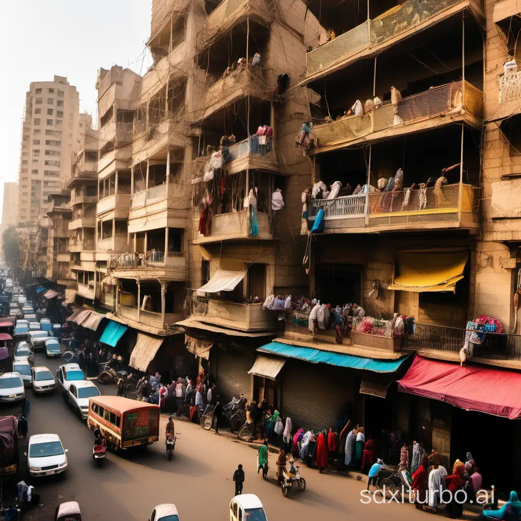 Vibrant-Cairo-Street-Scene-Women-Chatting-Children-Playing-and-Lively-Vendors-Amidst-Bustling-Traffic