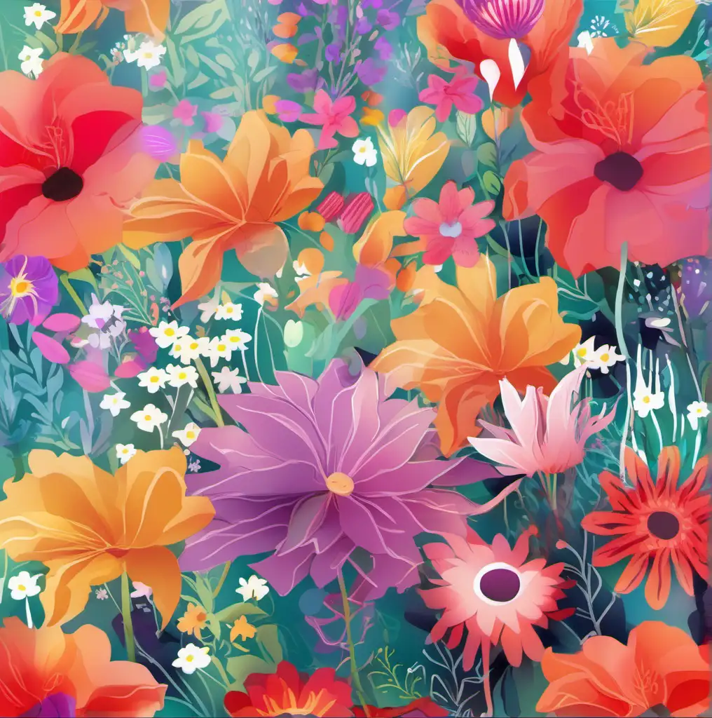Vibrant Digital Print Featuring a Colorful Garden of Flowers