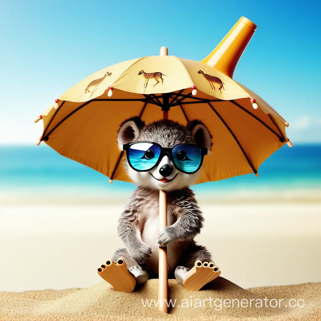 Adorable-Animal-Relaxing-on-Sunny-Beach-with-Umbrella-and-Sunglasses