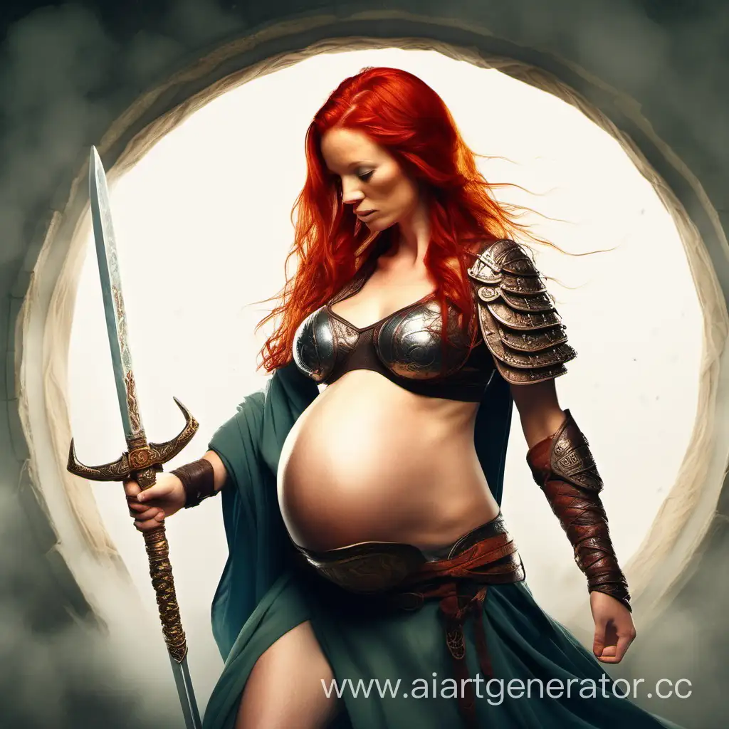 Red haired warrior pregnant, belly exposed 
