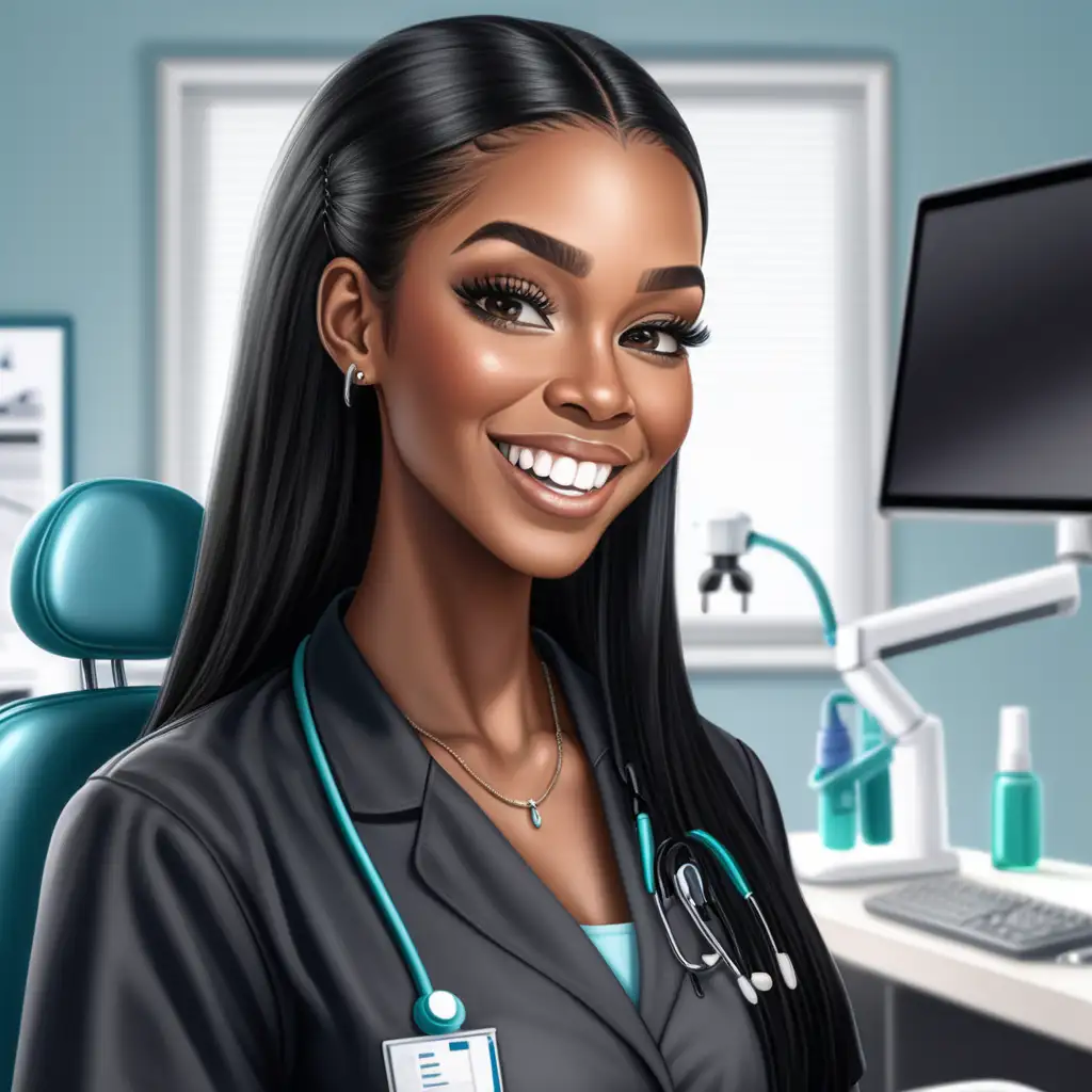 An realistic beautiful
Black woman wearing black colored hair long straight hairstyle with baby hairs, she is a dentist , Boss babe, dressed in her dental uniform, she working at her dental office