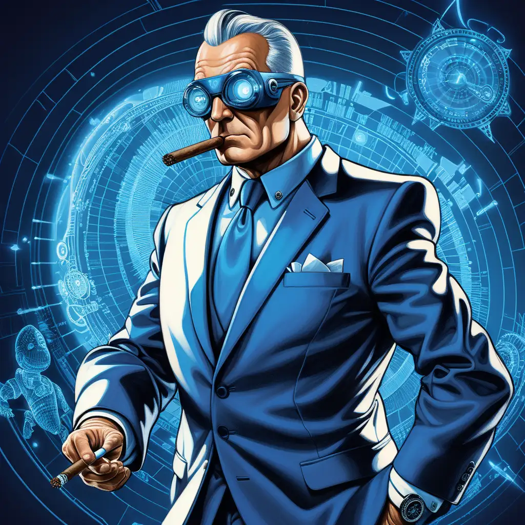 Dynamic image of tax man Agent ChronoSmith, donned in a futuristic suit, cigar in hand as he steps into the blue hue temporal audit conductor. Include IRS symbology.