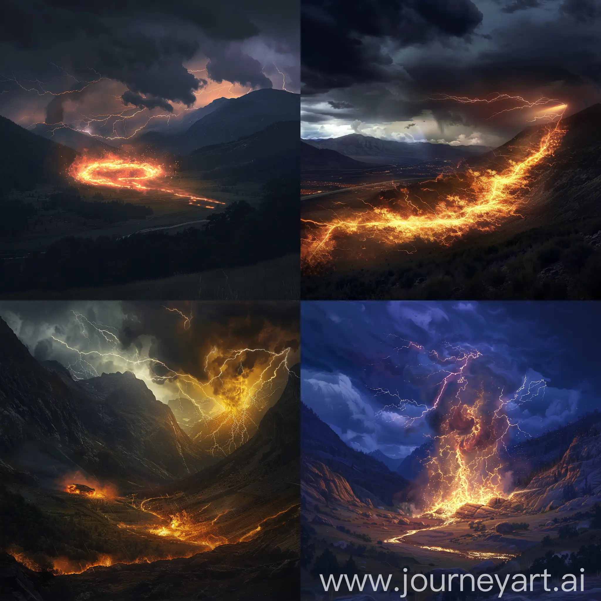 Nighttime-Thunderstorm-FireLit-Valley-Illuminated-by-Lightning